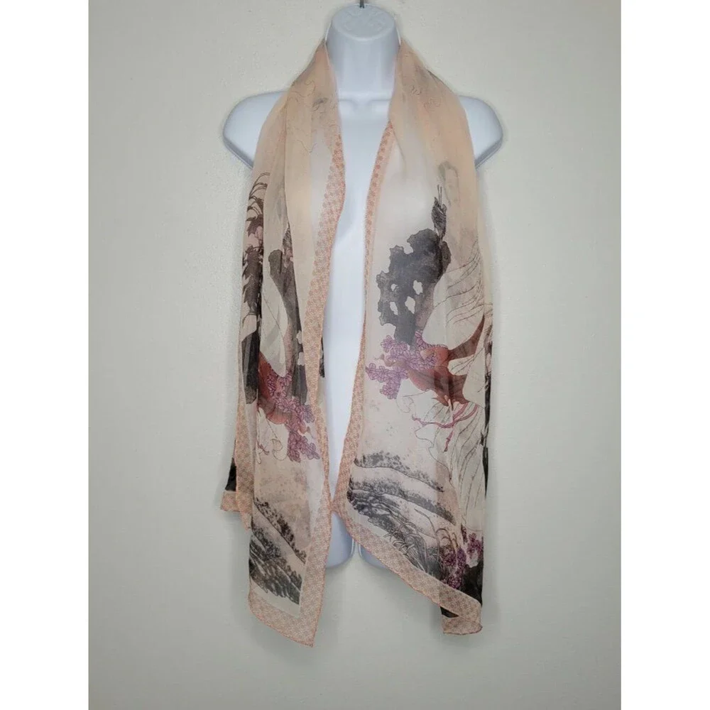 100% silk Asian woman flower print semi sheer scarf art to wear
